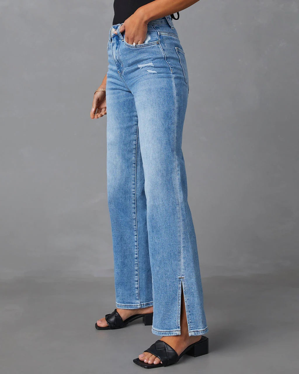 High Rise Wide Leg Split Hem Jeans - Blue - 3