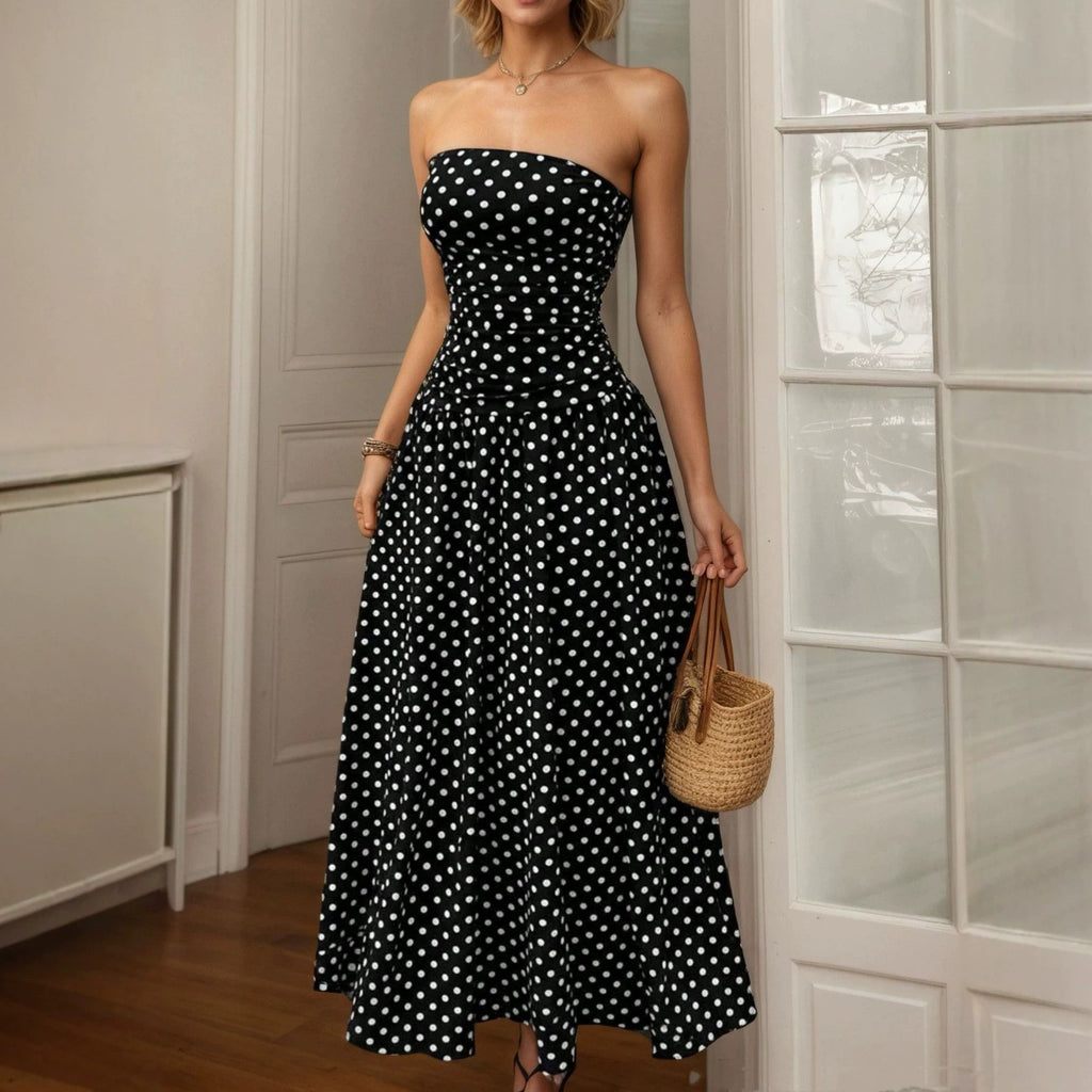 Vintage Dot Print Strapless A-Line Dress - Black