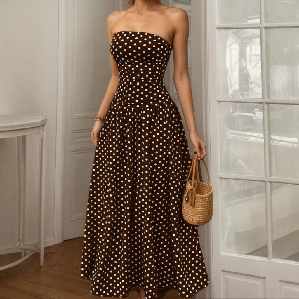 Vintage Dot Print Strapless A-Line Dress - Coffee