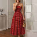 Vintage Dot Print Strapless A-Line Dress - Red