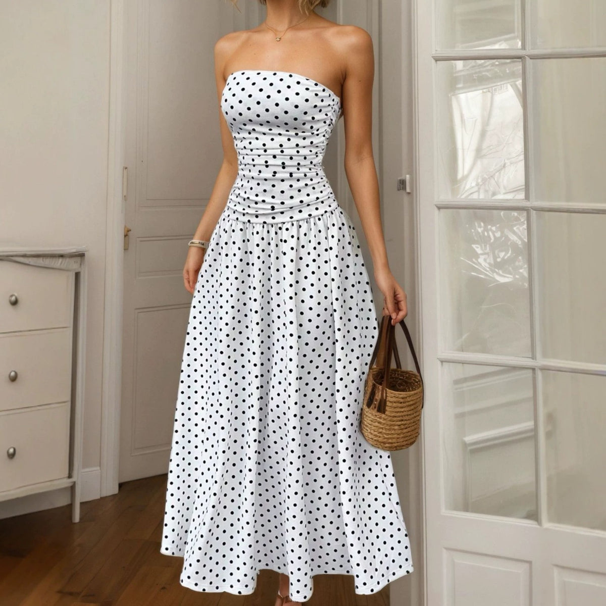 Vintage Dot Print Strapless A-Line Dress - White