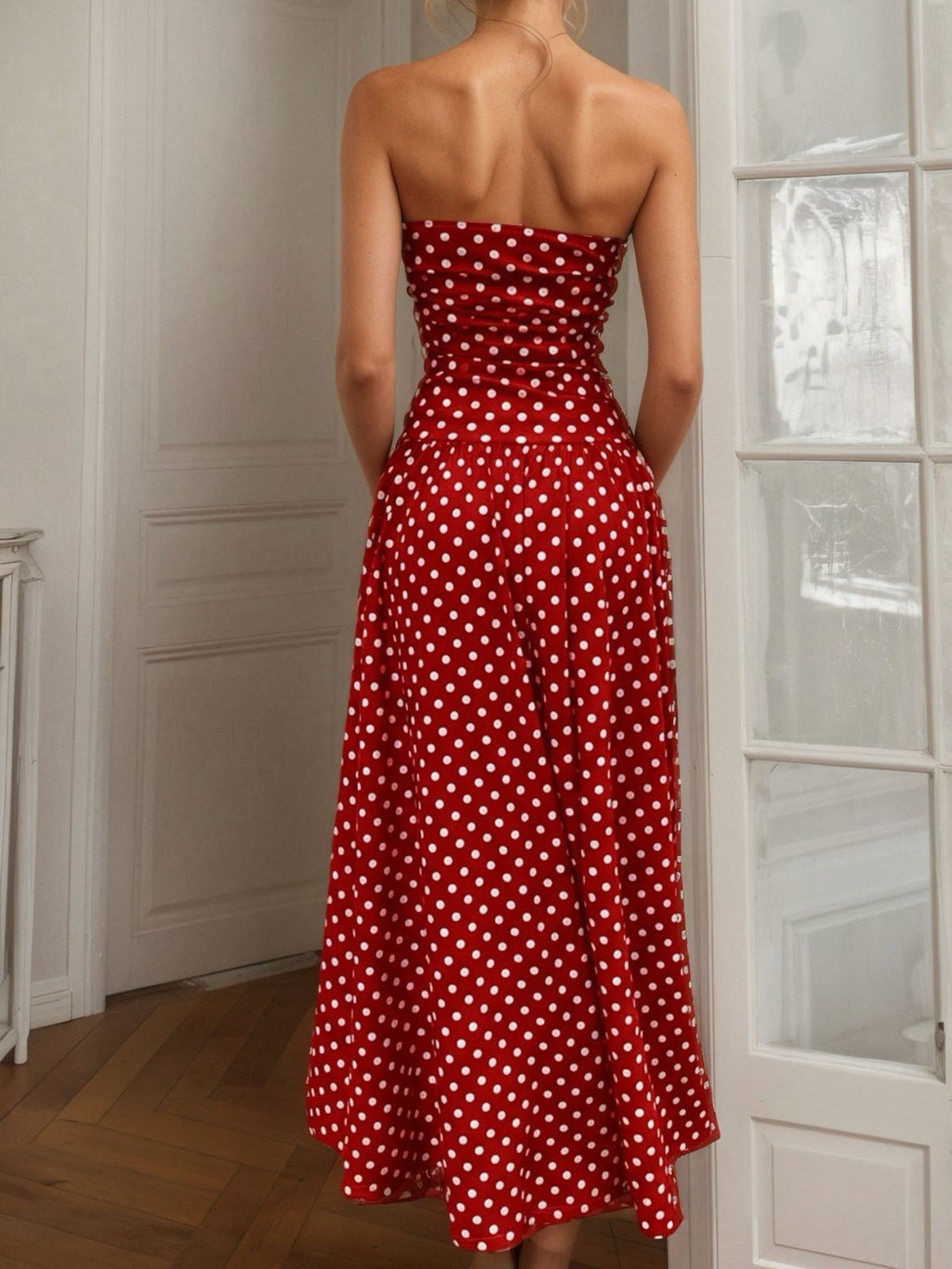Vintage Dot Print Strapless A-Line Dress