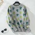 Four Leaf Clover Knit Pullover Sweater - Grey