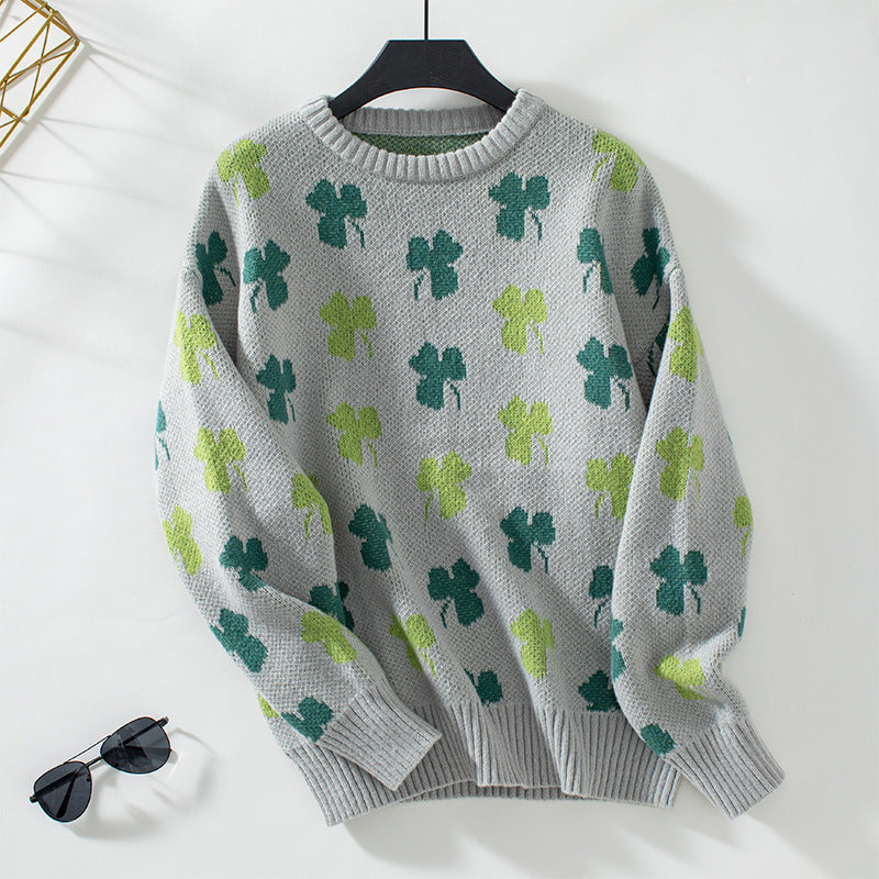 Four Leaf Clover Knit Pullover Sweater - Grey