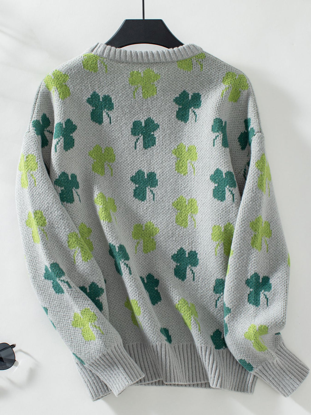 Four Leaf Clover Knit Pullover Sweater - Grey - 1