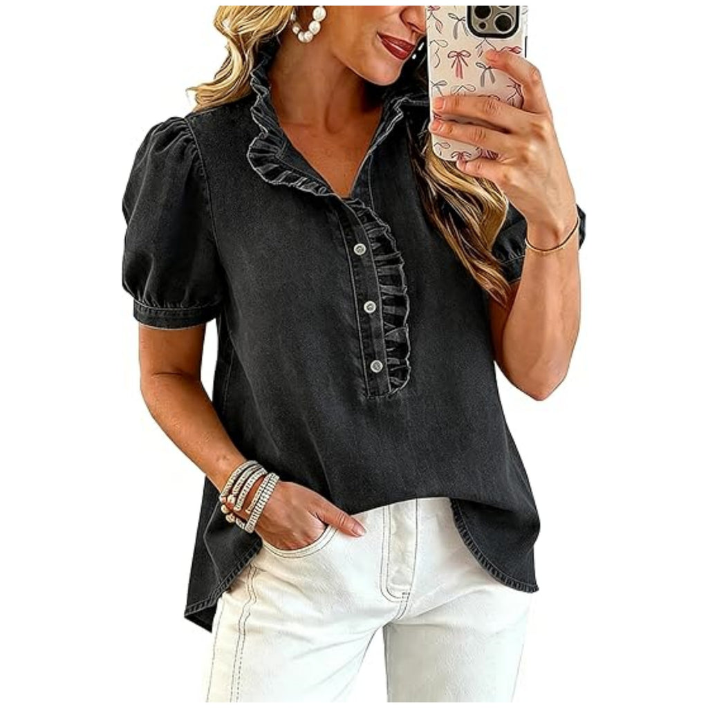 Ruffle Placket Puff Sleeve Denim Blouse - Black