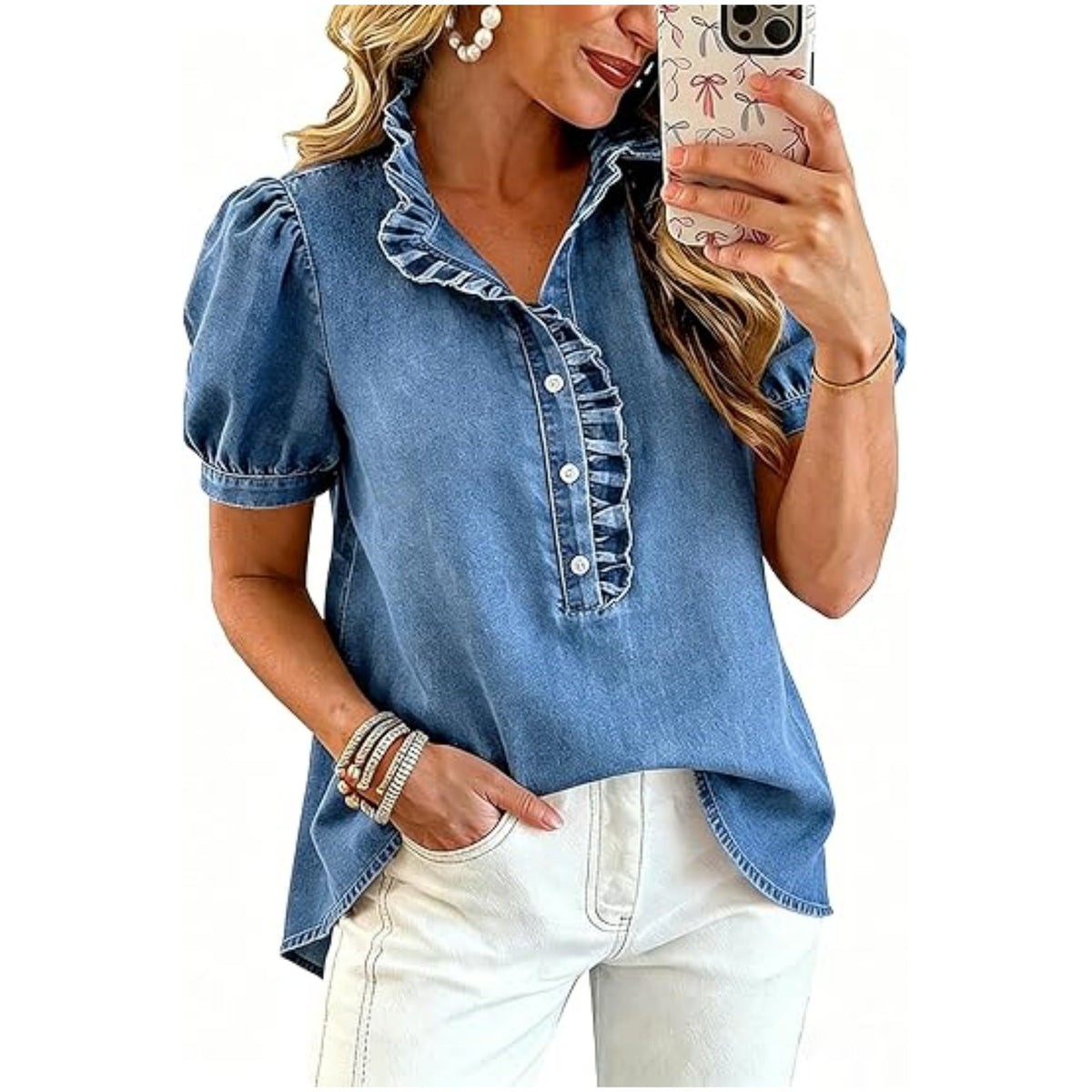 Ruffle Placket Puff Sleeve Denim Blouse - Blue