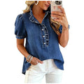 Ruffle Placket Puff Sleeve Denim Blouse - DarkBlue