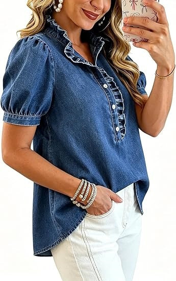 Ruffle Placket Puff Sleeve Denim Blouse - DarkBlue - 1