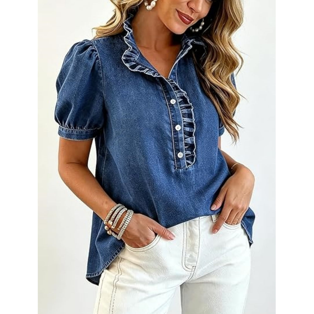 Ruffle Placket Puff Sleeve Denim Blouse - DarkBlue - 2