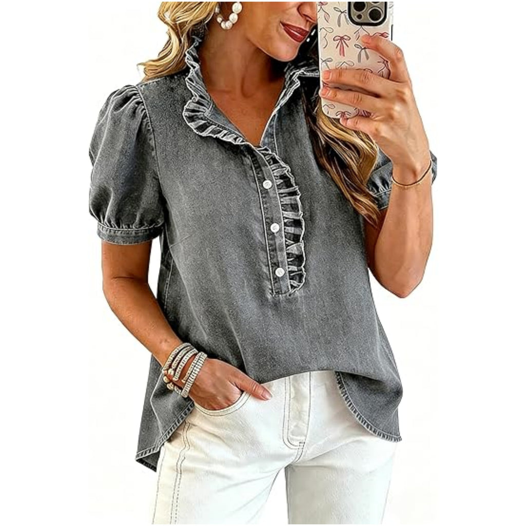 Ruffle Placket Puff Sleeve Denim Blouse - Grey
