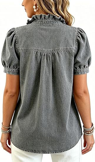 Ruffle Placket Puff Sleeve Denim Blouse - Grey - 1
