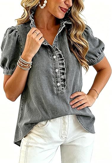 Ruffle Placket Puff Sleeve Denim Blouse - Grey - 2