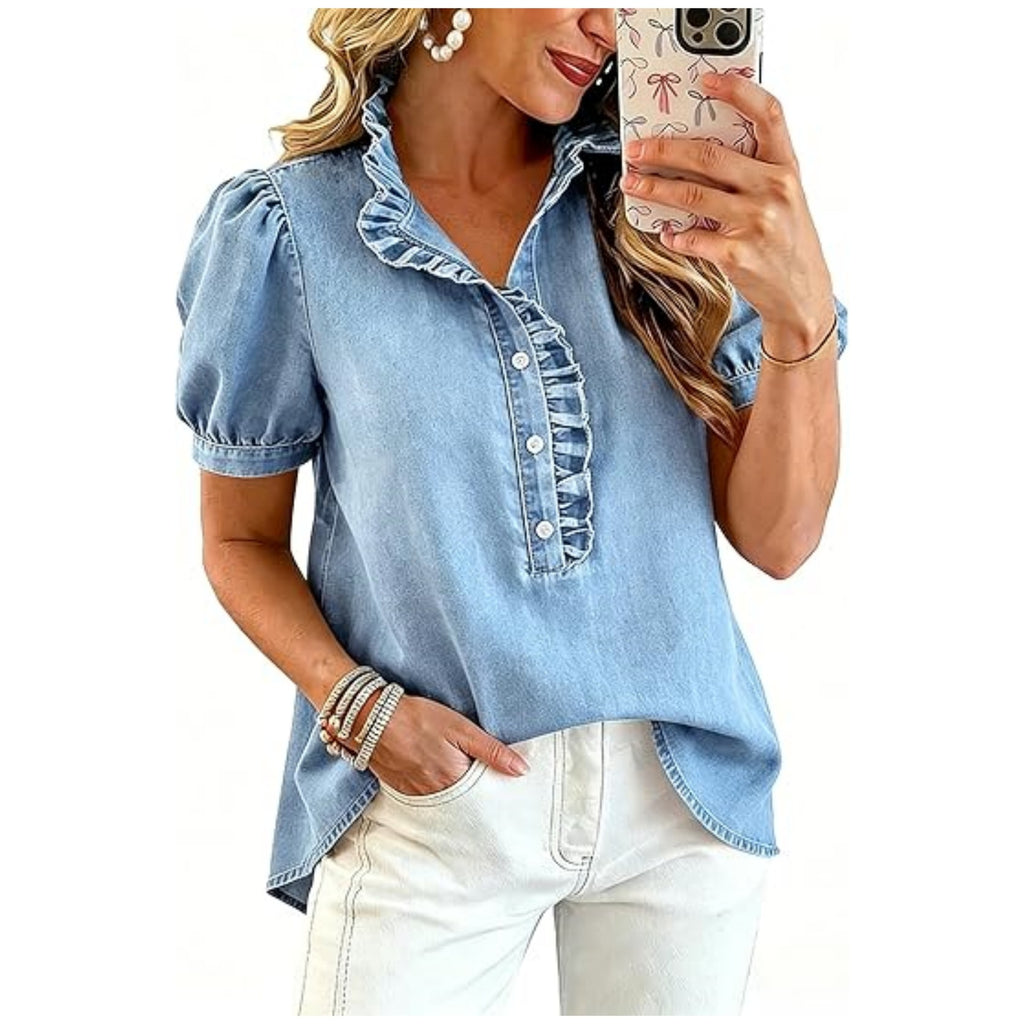 Ruffle Placket Puff Sleeve Denim Blouse - LightBlue