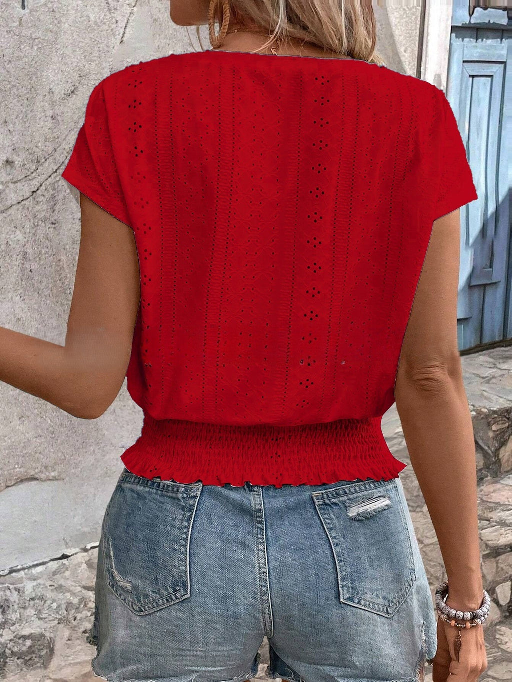 Textured Jacquard Smocked Hem Top - Red - 1