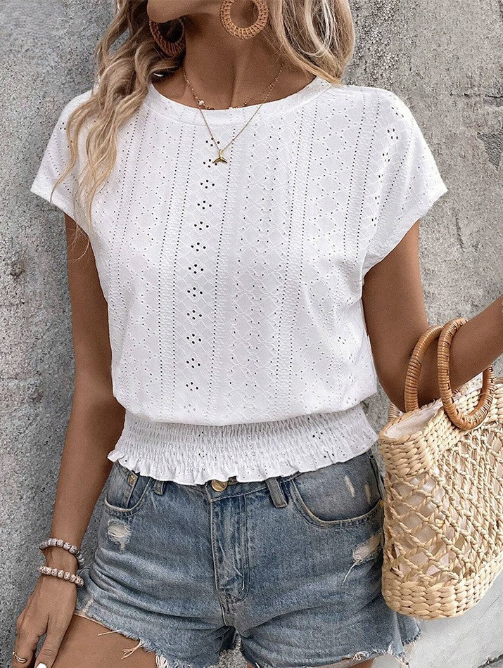 Textured Jacquard Smocked Hem Top - White