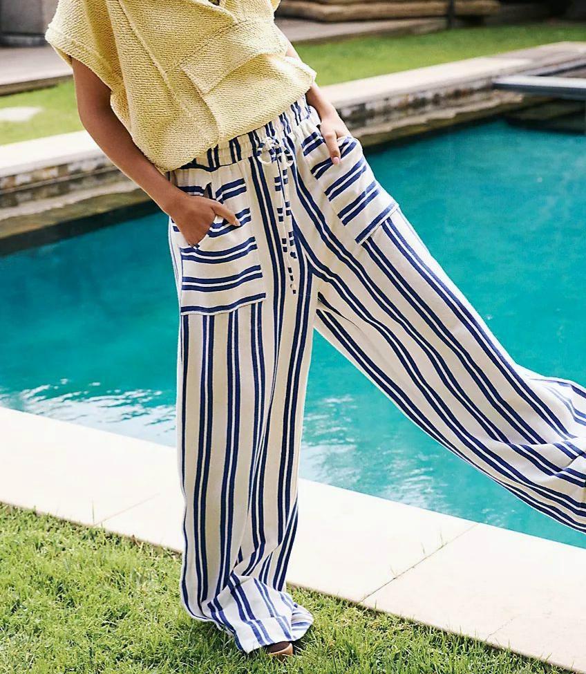 Drawstring Striped Wide Leg Beach Pants - Blue