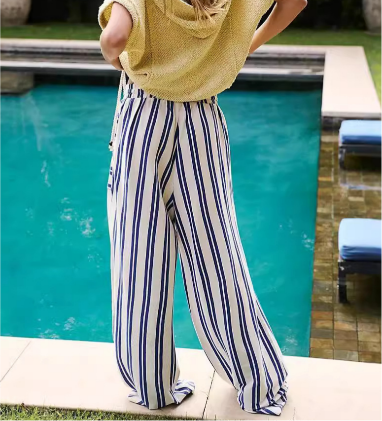 Drawstring Striped Wide Leg Beach Pants - Blue - 1
