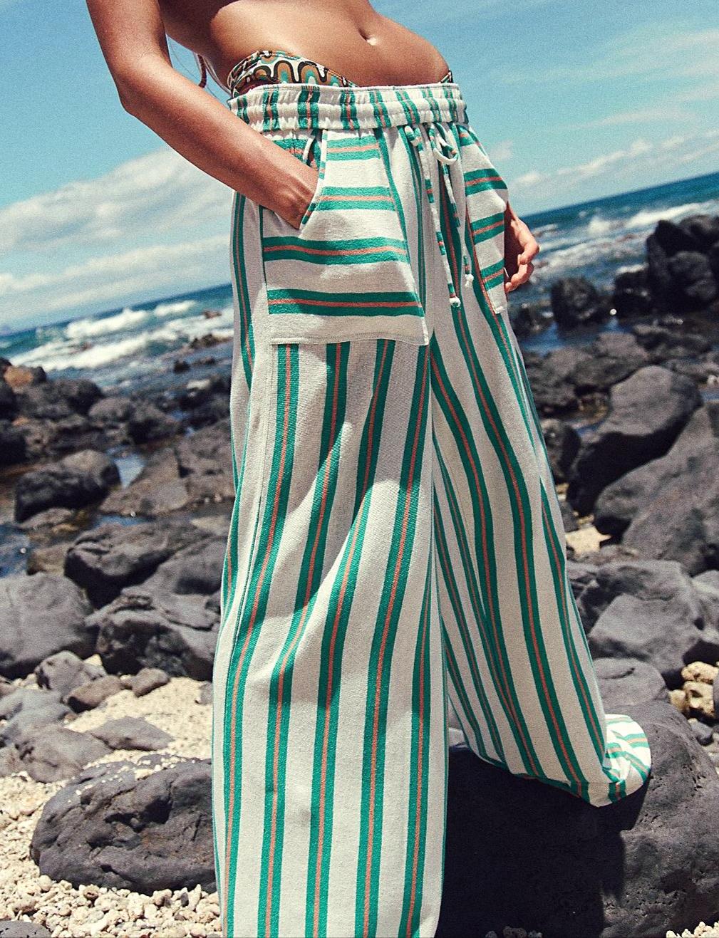 Drawstring Striped Wide Leg Beach Pants - Green