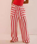 Drawstring Striped Wide Leg Beach Pants - Red