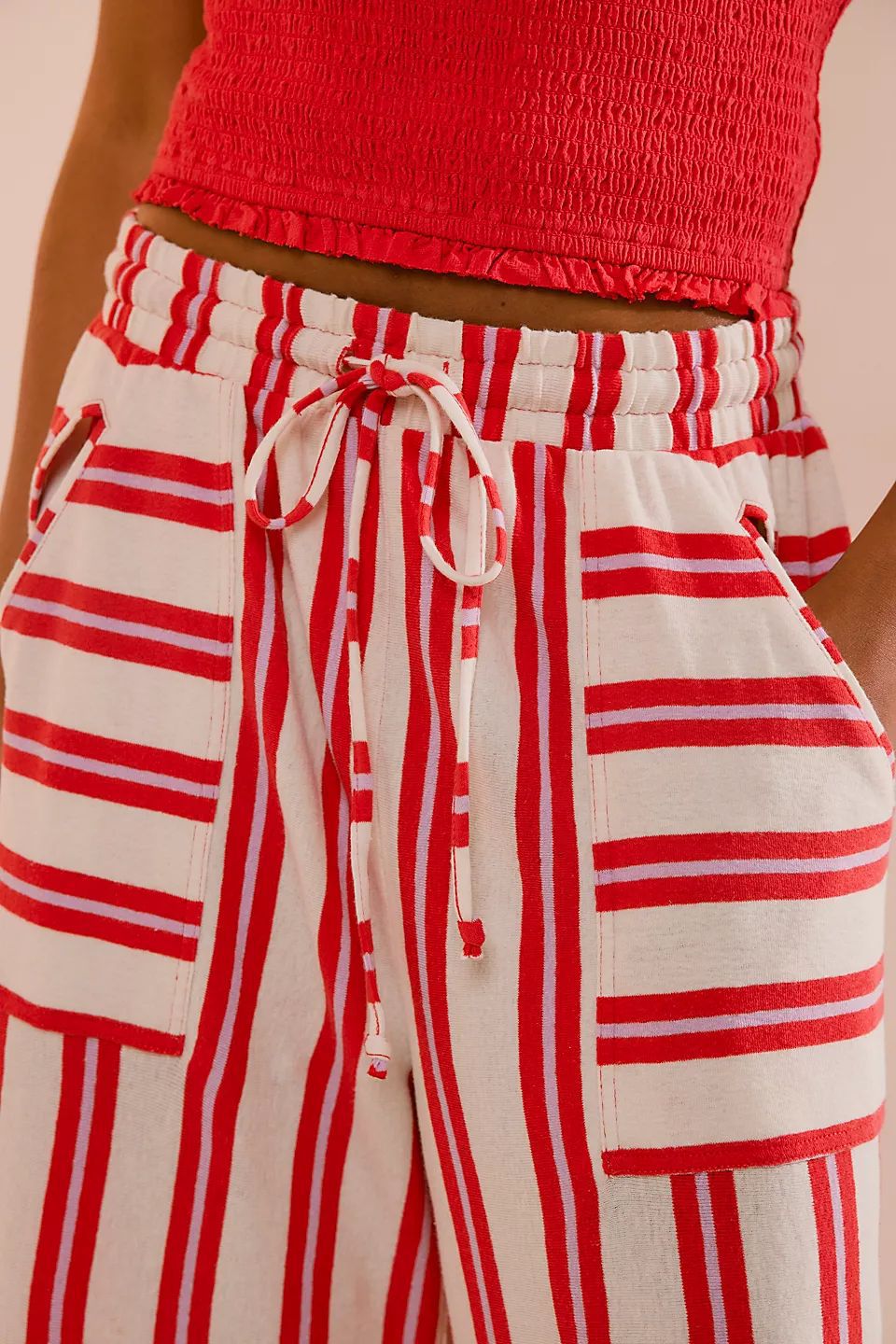 Drawstring Striped Wide Leg Beach Pants - Red - 1