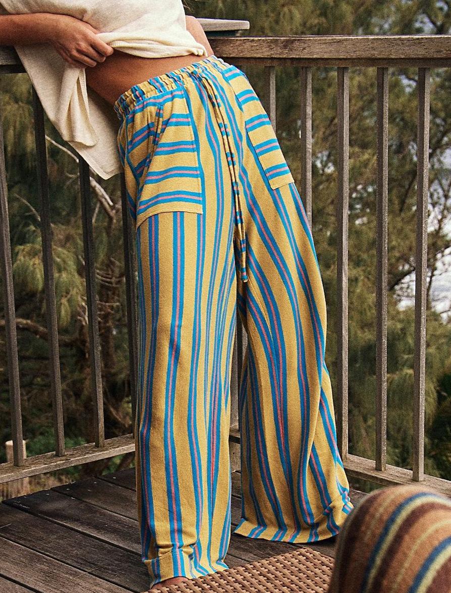 Drawstring Striped Wide Leg Beach Pants - Yellow