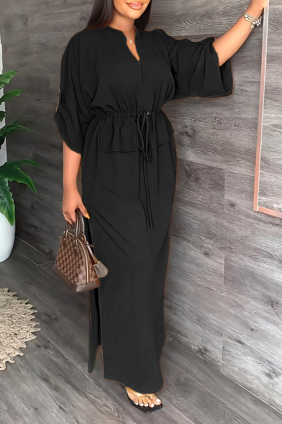 Batwing Sleeve Tie Waist Side Slit Maxi Dress - Black