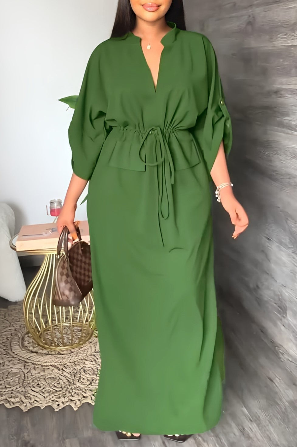 Batwing Sleeve Tie Waist Side Slit Maxi Dress - Green