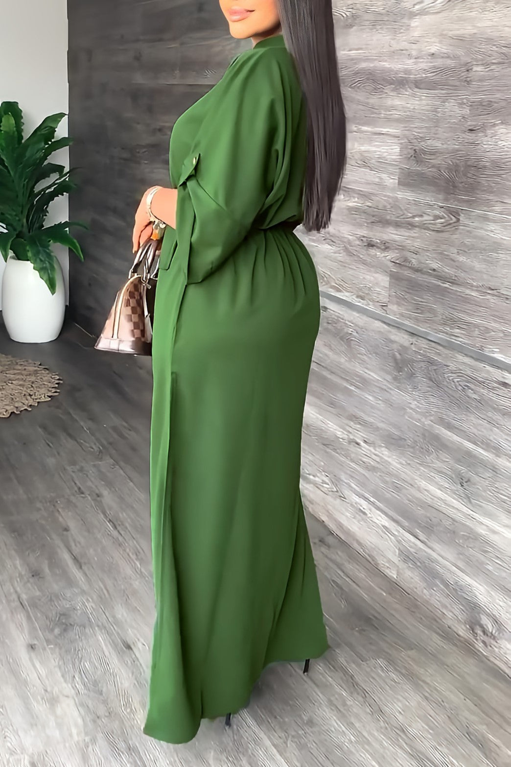 Batwing Sleeve Tie Waist Side Slit Maxi Dress - Green - 1