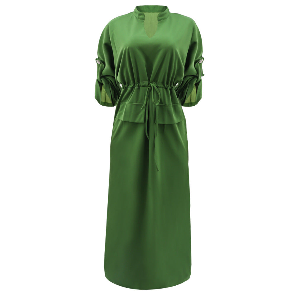 Batwing Sleeve Tie Waist Side Slit Maxi Dress - Green - 2