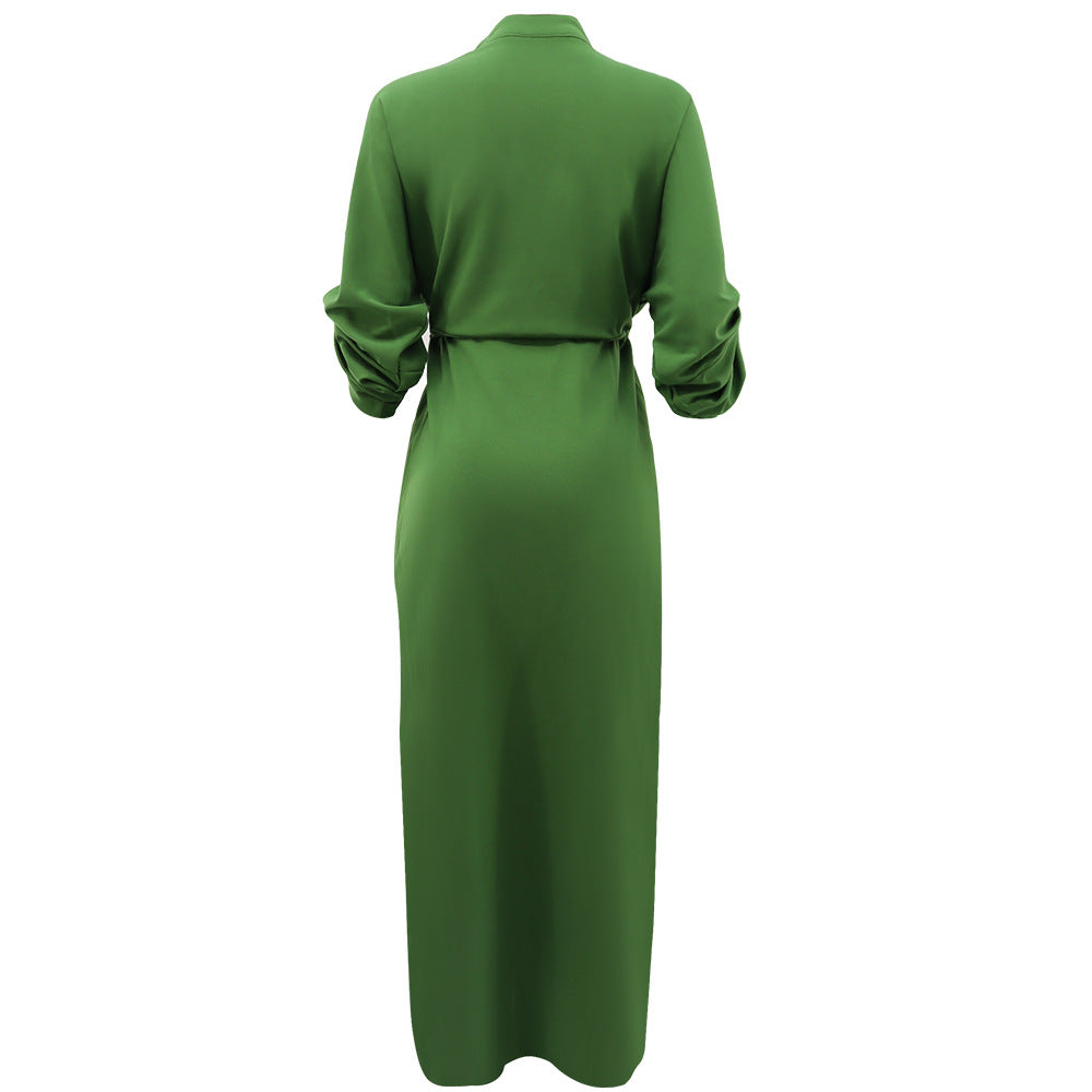Batwing Sleeve Tie Waist Side Slit Maxi Dress - Green - 3