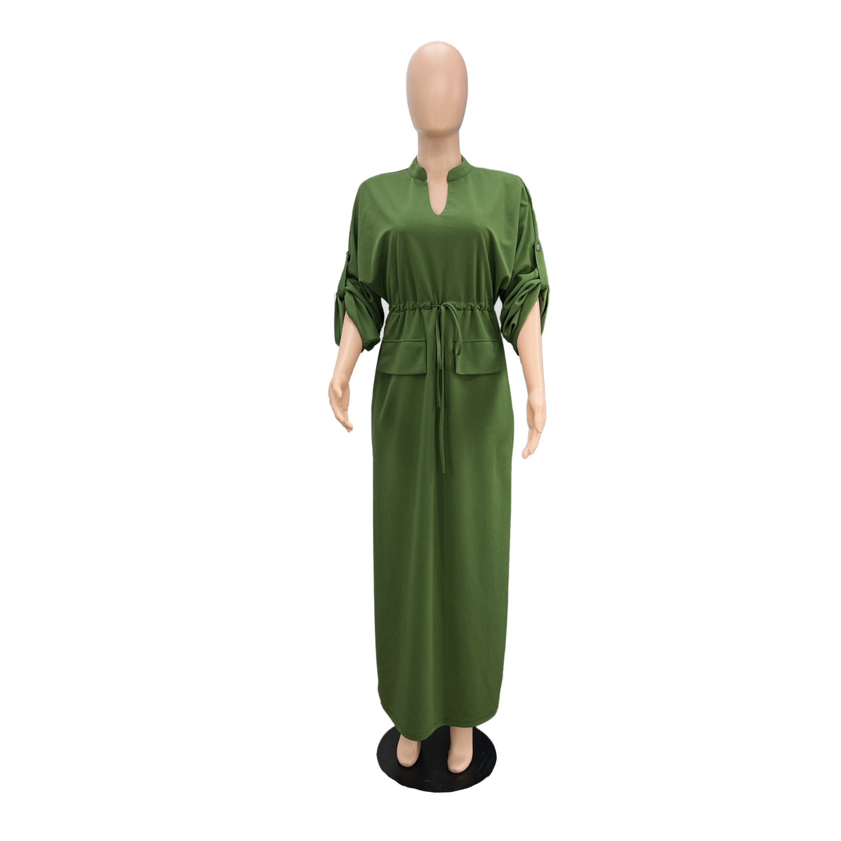 Batwing Sleeve Tie Waist Side Slit Maxi Dress - Green - 4