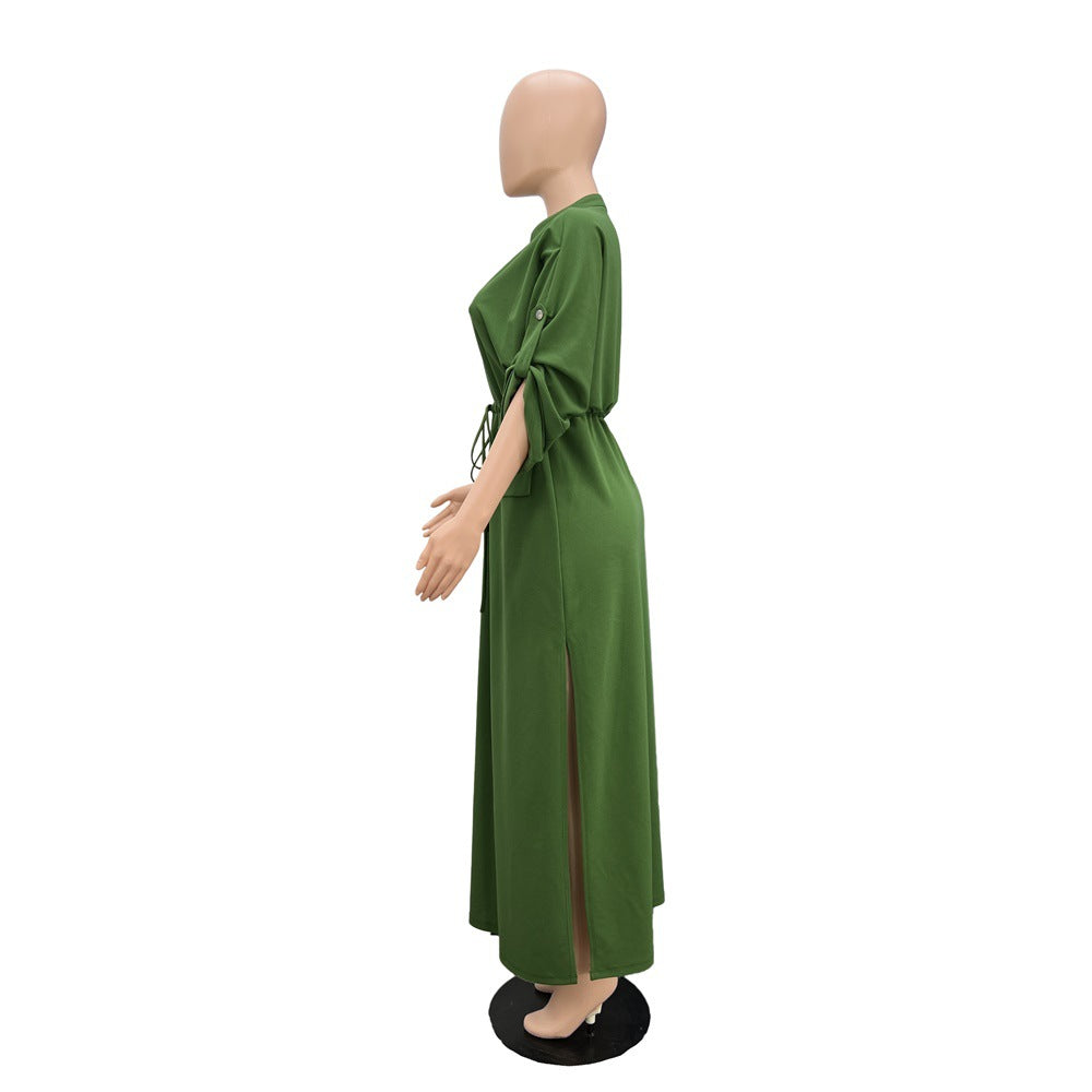 Batwing Sleeve Tie Waist Side Slit Maxi Dress - Green - 5