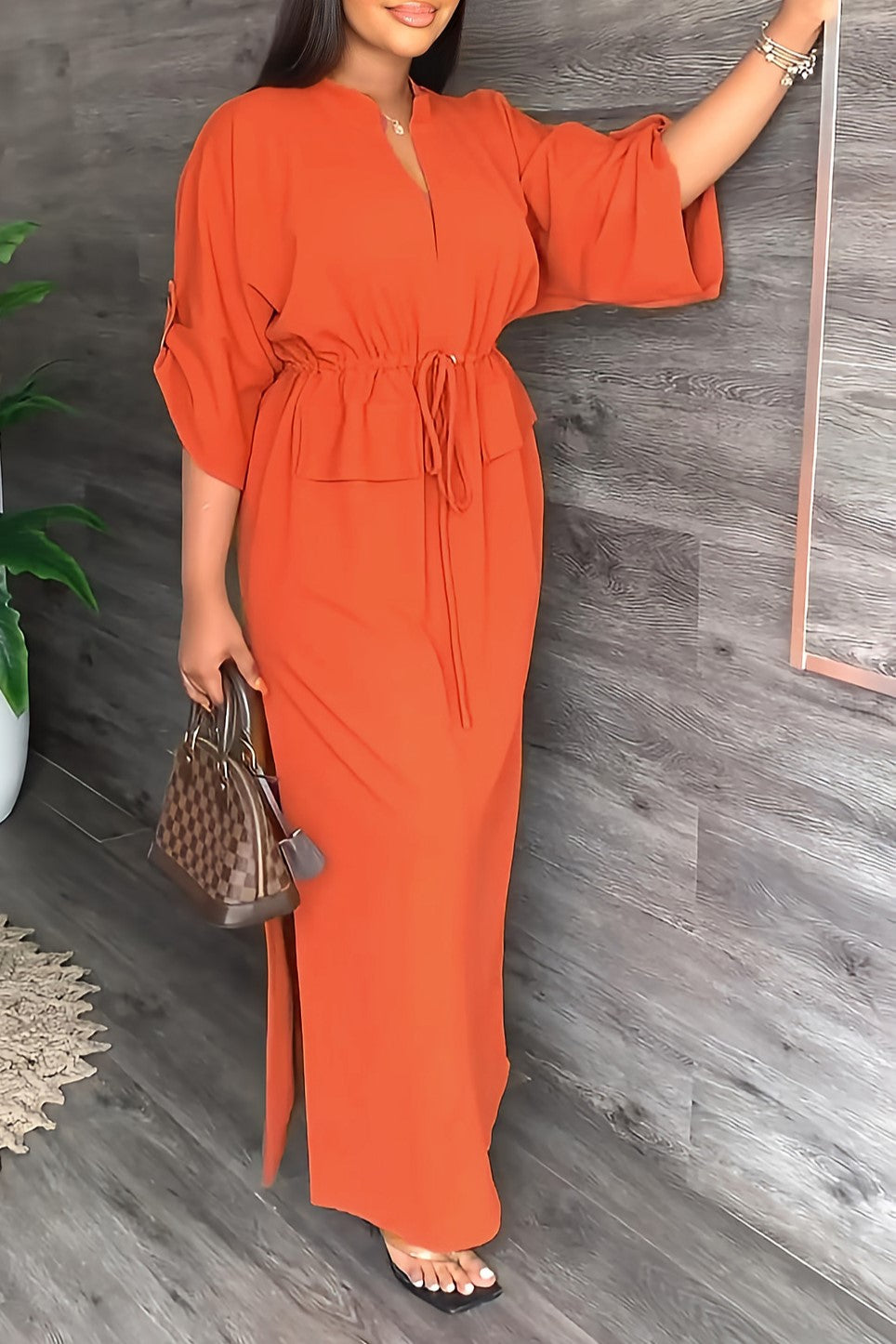 Batwing Sleeve Tie Waist Side Slit Maxi Dress - Orange