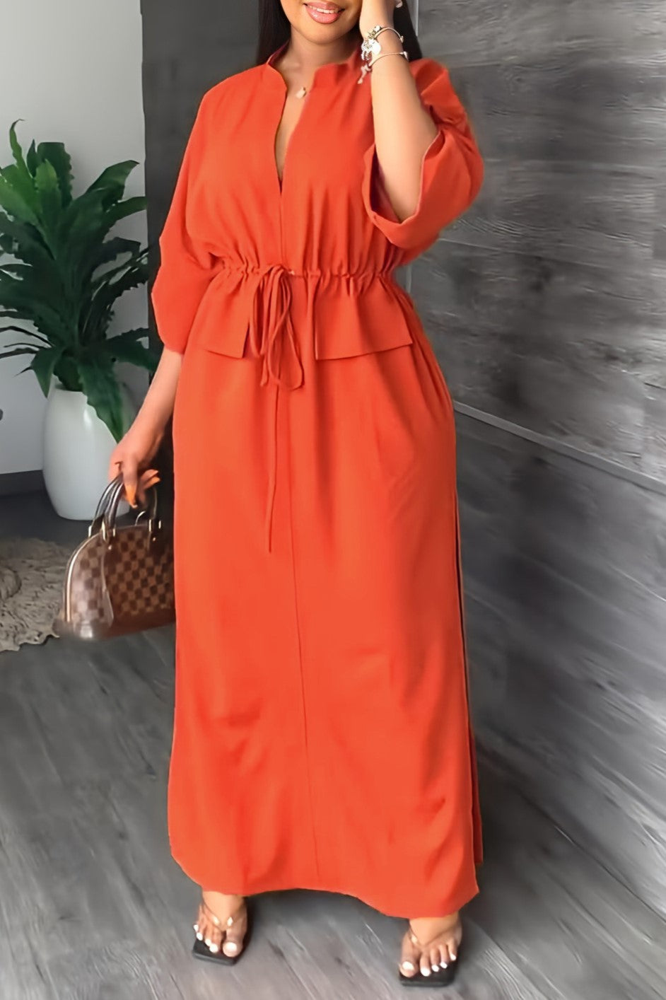 Batwing Sleeve Tie Waist Side Slit Maxi Dress - Orange - 1