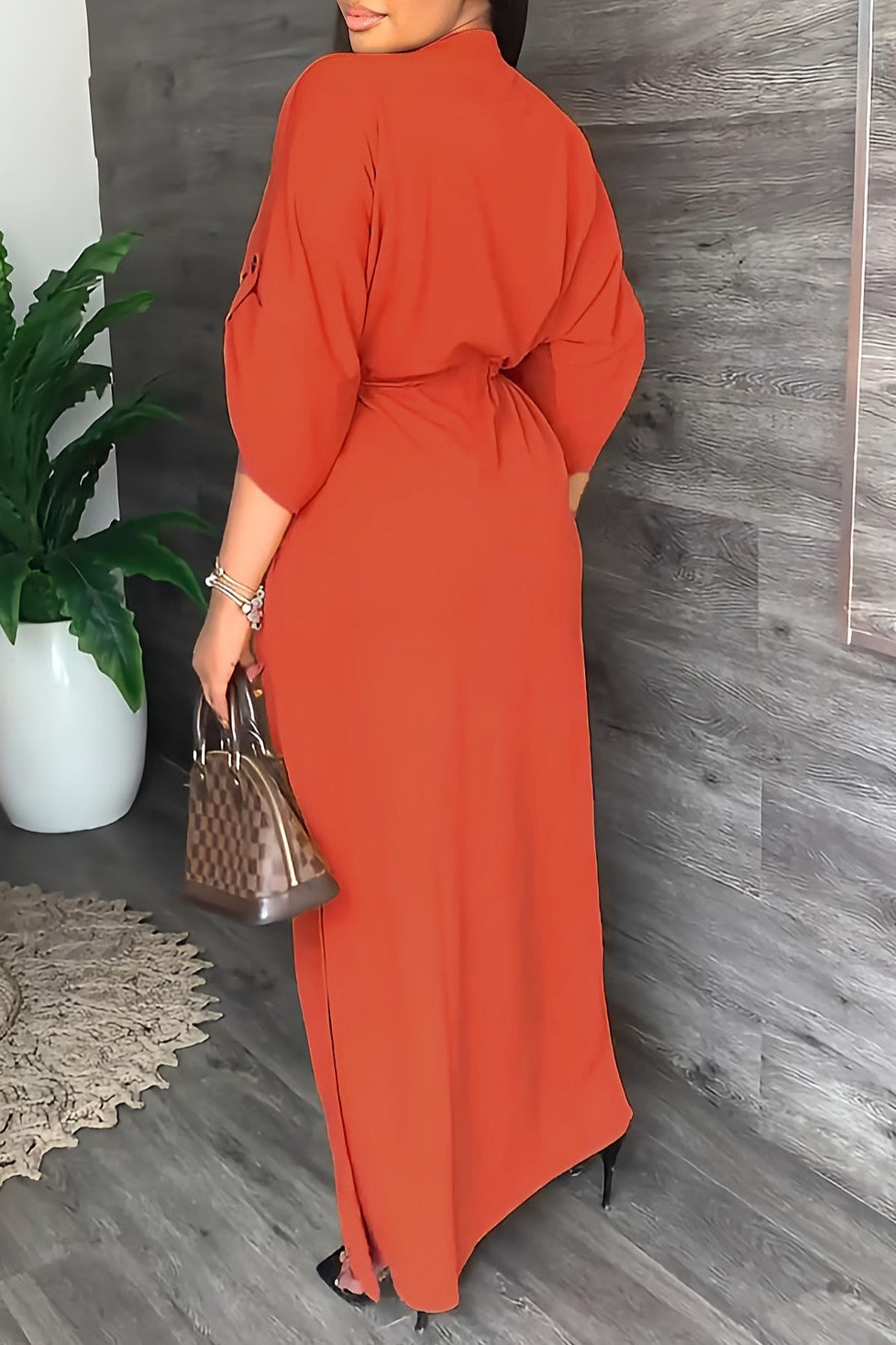 Batwing Sleeve Tie Waist Side Slit Maxi Dress - Orange - 2