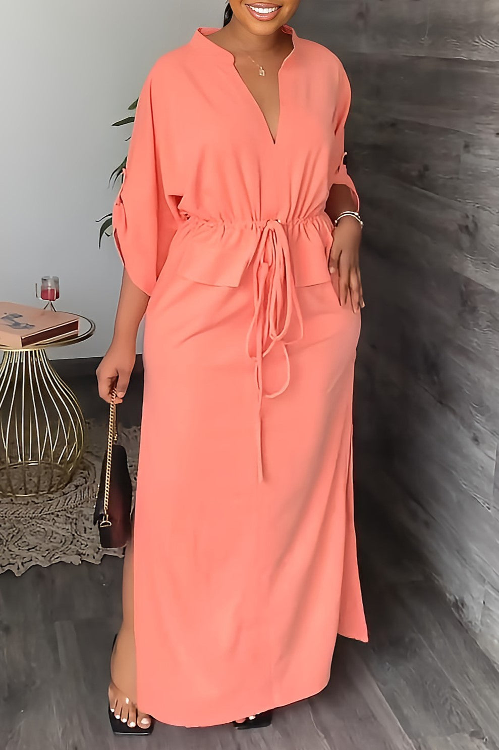 Batwing Sleeve Tie Waist Side Slit Maxi Dress - Pink