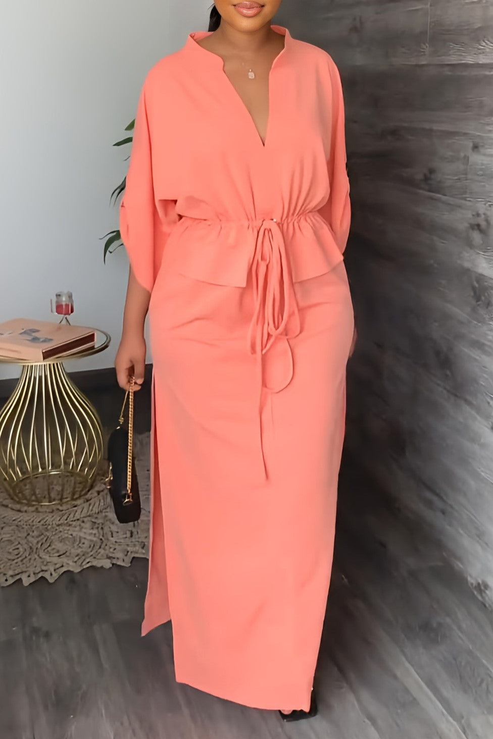 Batwing Sleeve Tie Waist Side Slit Maxi Dress - Pink - 1