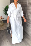 Batwing Sleeve Tie Waist Side Slit Maxi Dress - White