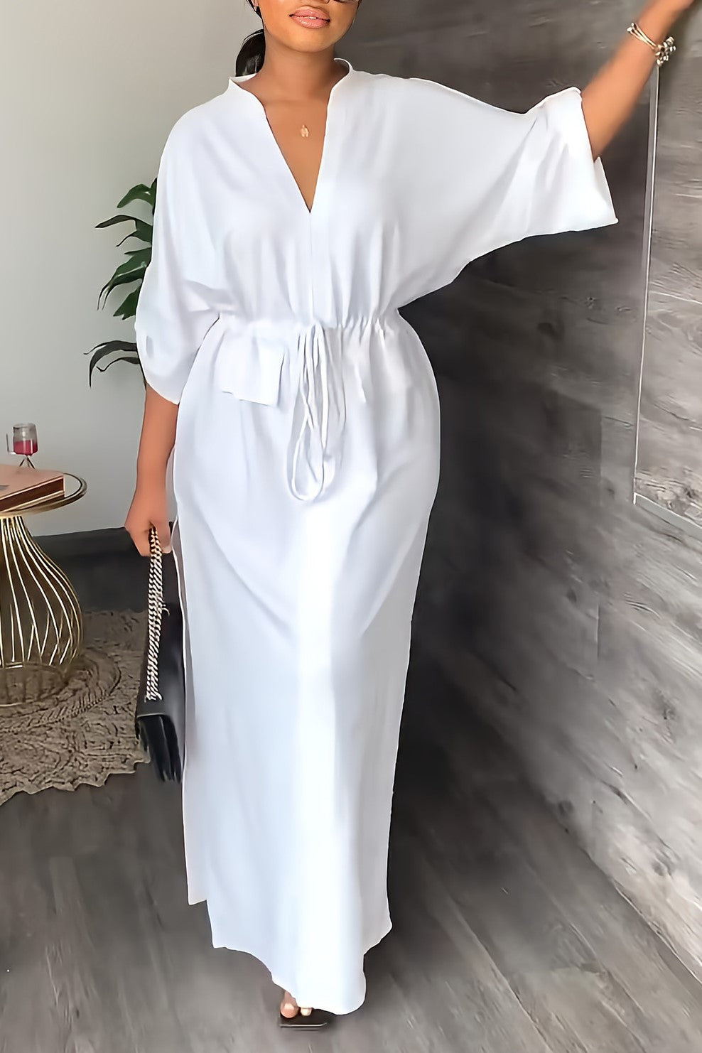 Batwing Sleeve Tie Waist Side Slit Maxi Dress - White - 1
