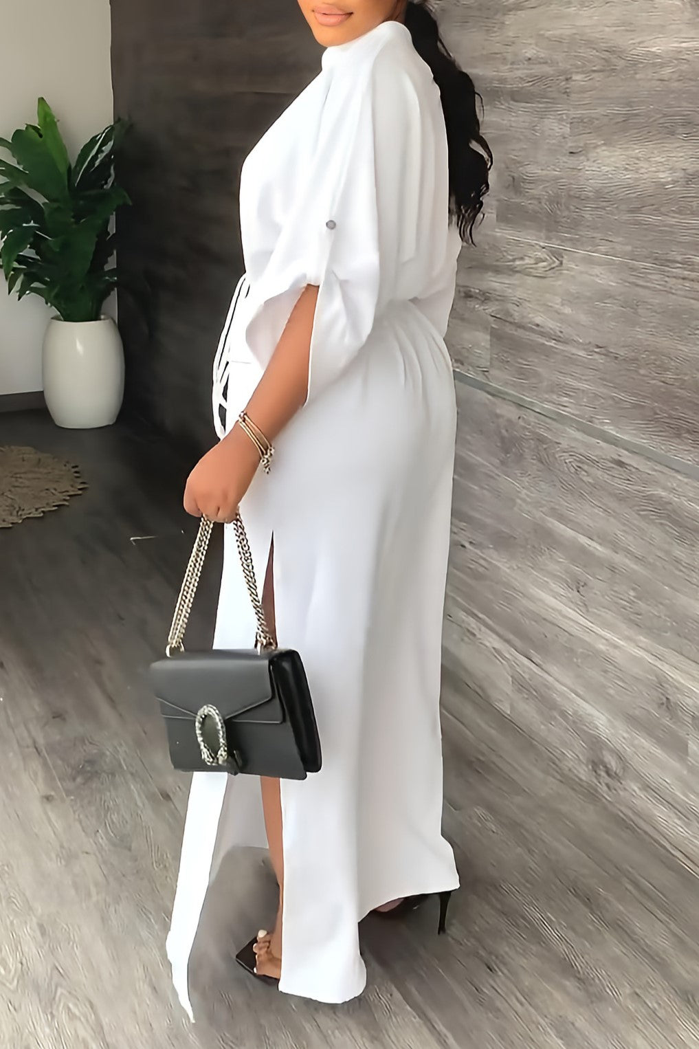 Batwing Sleeve Tie Waist Side Slit Maxi Dress - White - 2
