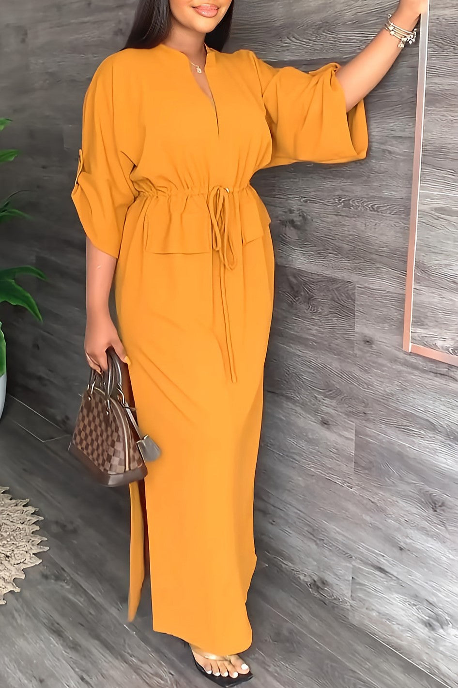 Batwing Sleeve Tie Waist Side Slit Maxi Dress - Yellow