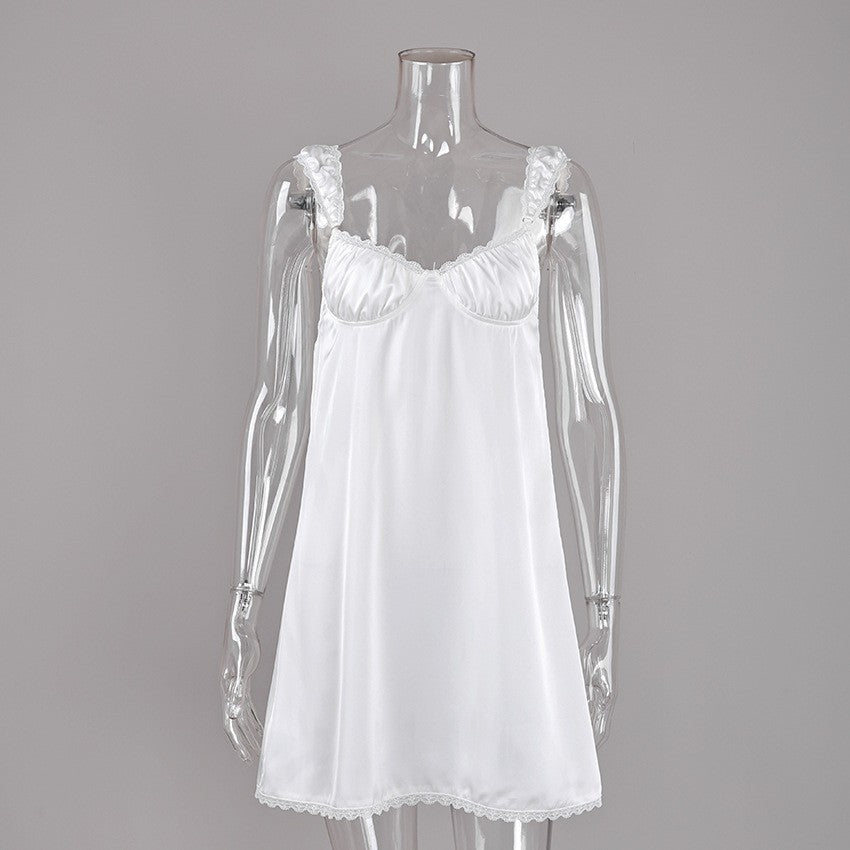 White Satin Lace Trim Ruched Cup Mini Slip Nightgown