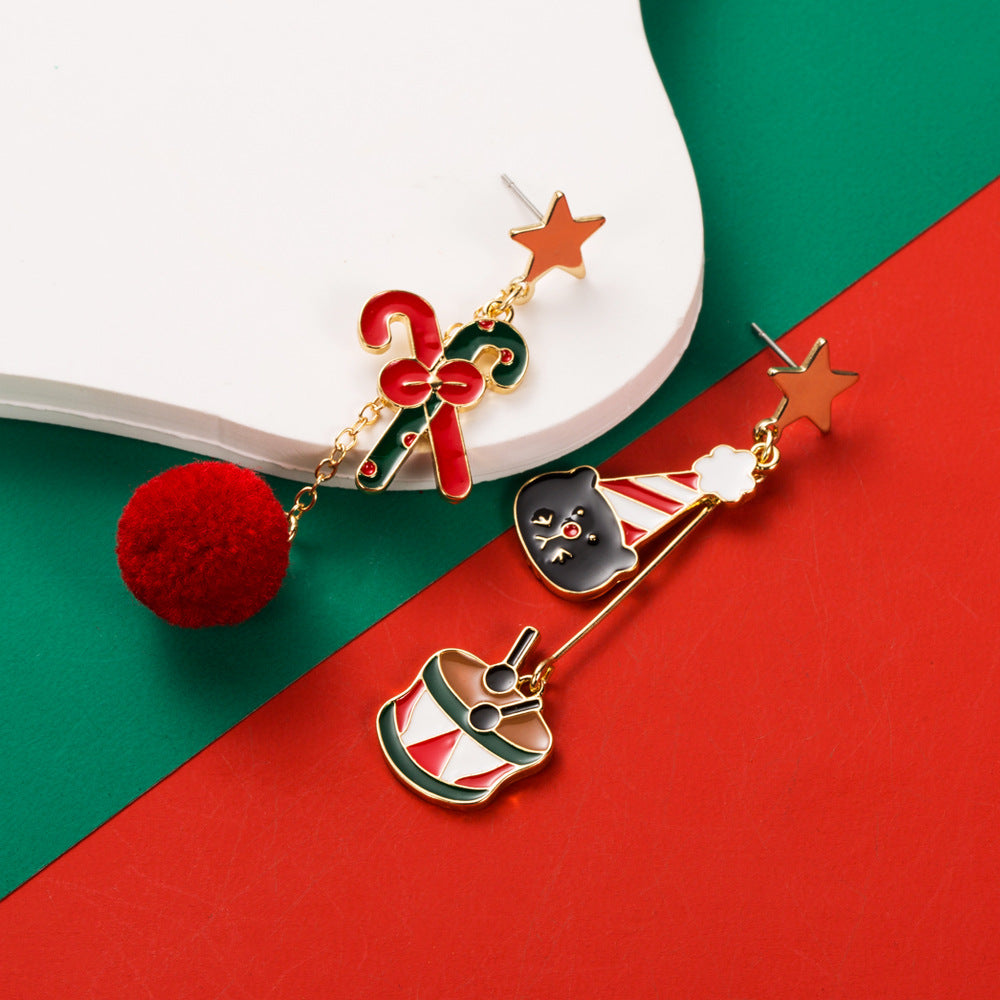 Asymmetric Pom Pom Christmas Earrings - Candy
