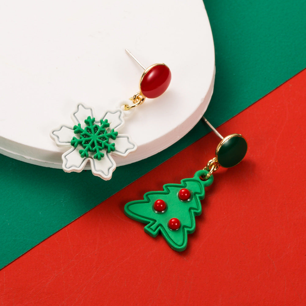 Asymmetric Pom Pom Christmas Earrings - Snowflake