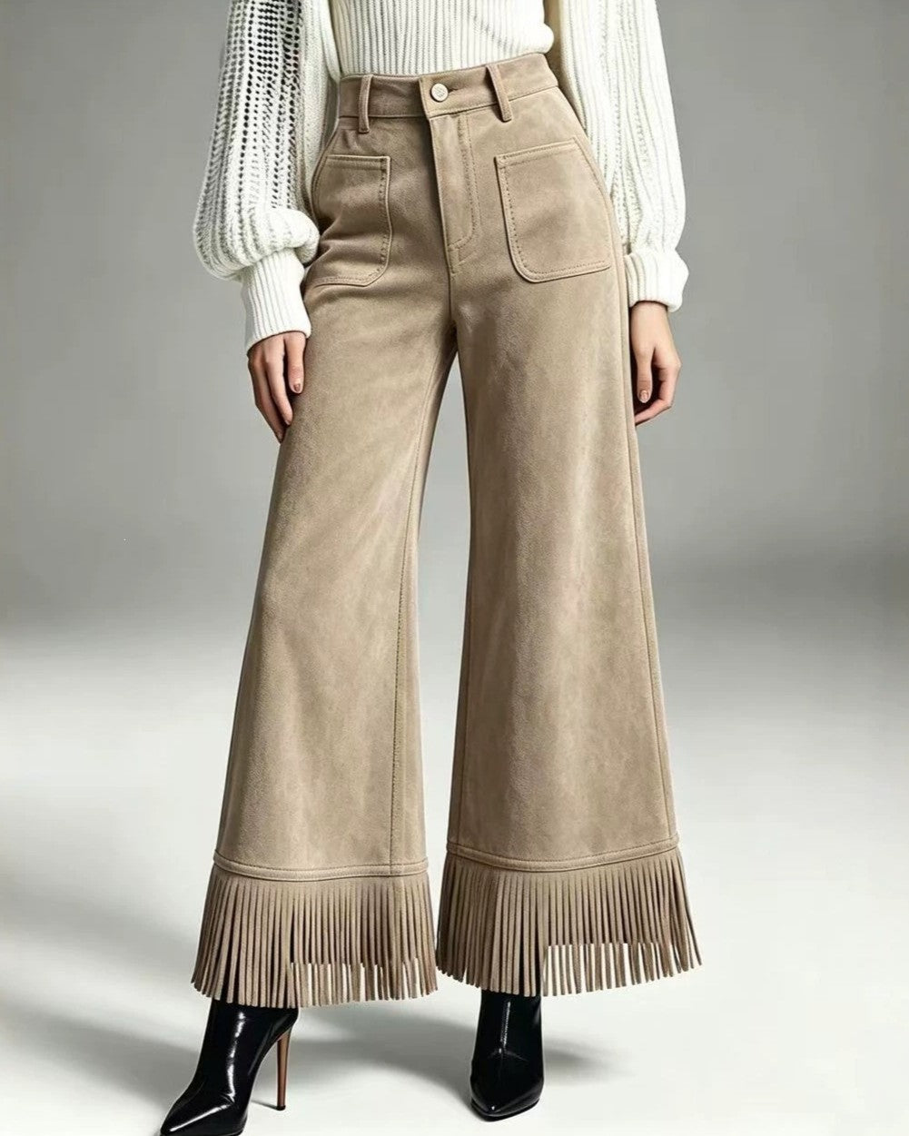 Faux Suede Patch Pocket Fringe Cuff Wide Leg Pants - Apricot