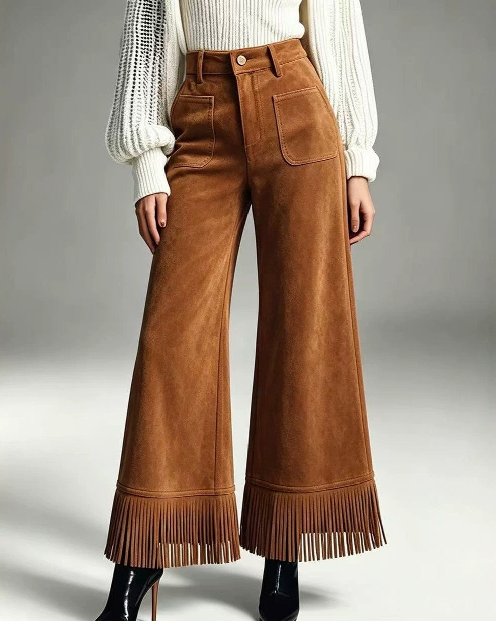 Faux Suede Patch Pocket Fringe Cuff Wide Leg Pants - Brown