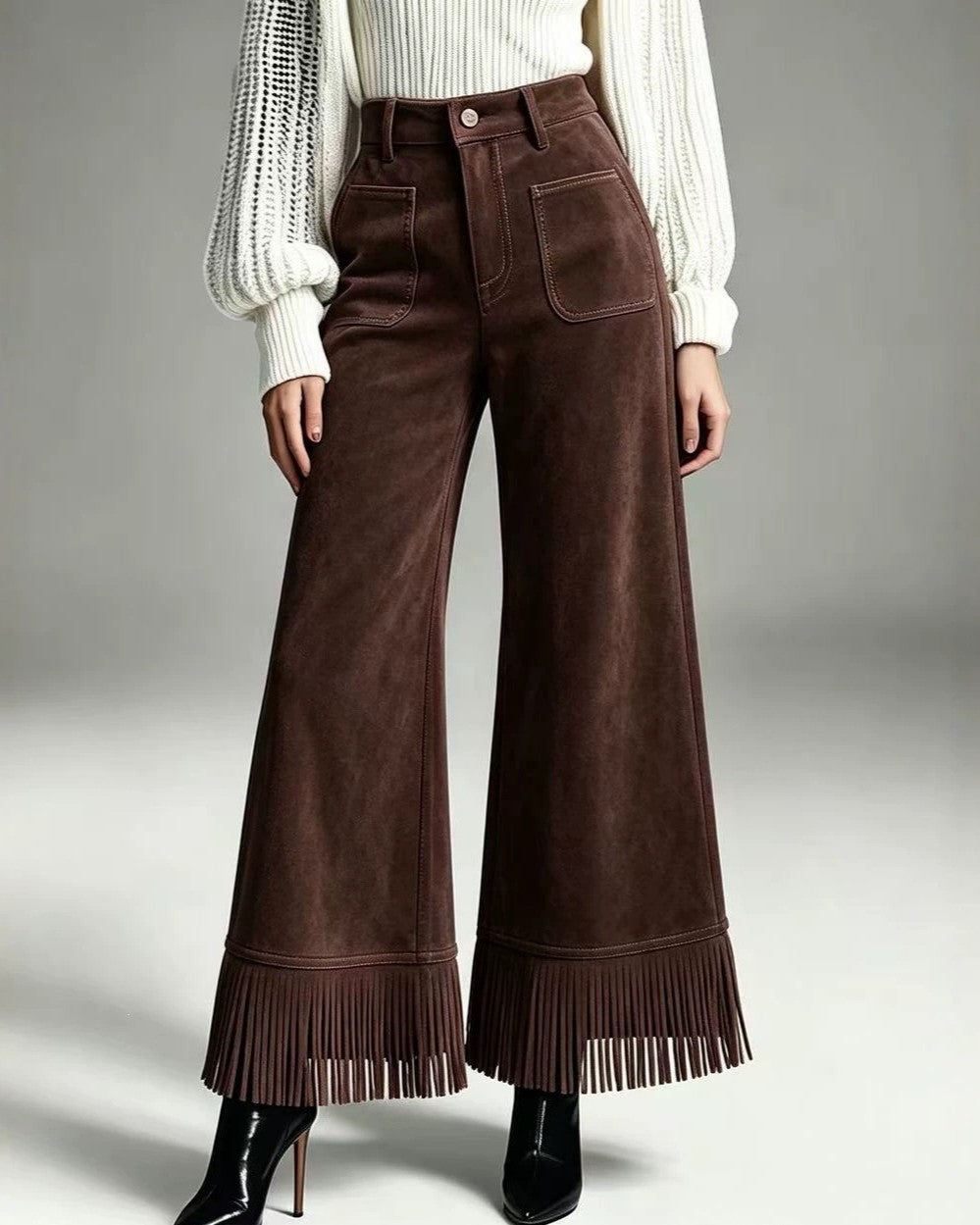 Faux Suede Patch Pocket Fringe Cuff Wide Leg Pants - Coffee