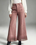 Faux Suede Patch Pocket Fringe Cuff Wide Leg Pants - Peach