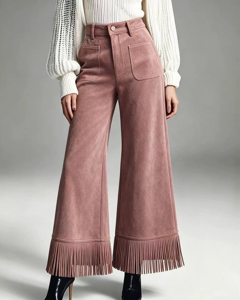 Faux Suede Patch Pocket Fringe Cuff Wide Leg Pants - Peach